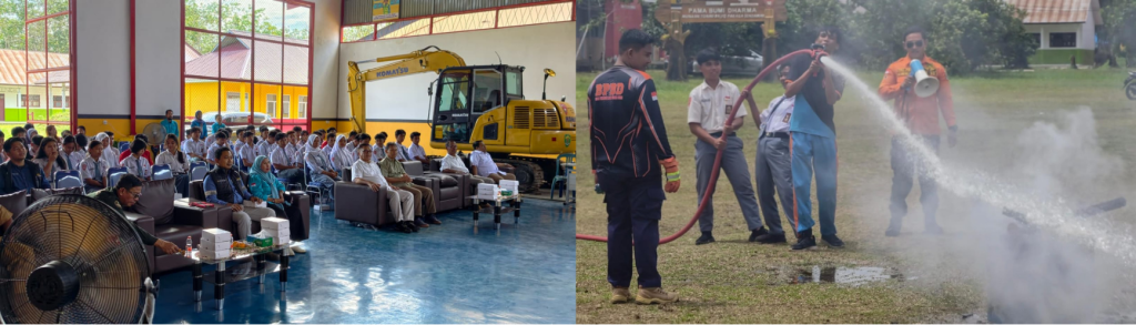 Pelaksanaan program K3 Goes to SOBAT yang menghadirkan seminar (foto kiri) dan simulasi Tim Kesiapsiagaan dan Tanggap Darurat (TKTD) yang melibatkan siswa/i SMKN 3 Sendawar (foto kanan).