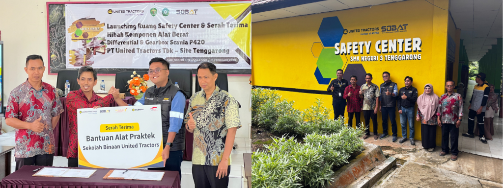 Simbolis bantuan penyerahan bantuan komponen alat berat yang diserahkan oleh Administration Department Head UT Site Tenggarong, Fajri Egha Alvian (foto kiri). Peresmian safety center oleh United Tractors yang berlokasi di SMKN 3 Tenggarong, Kutai Kartanegara, Kalimantan Timur (foto kanan).
