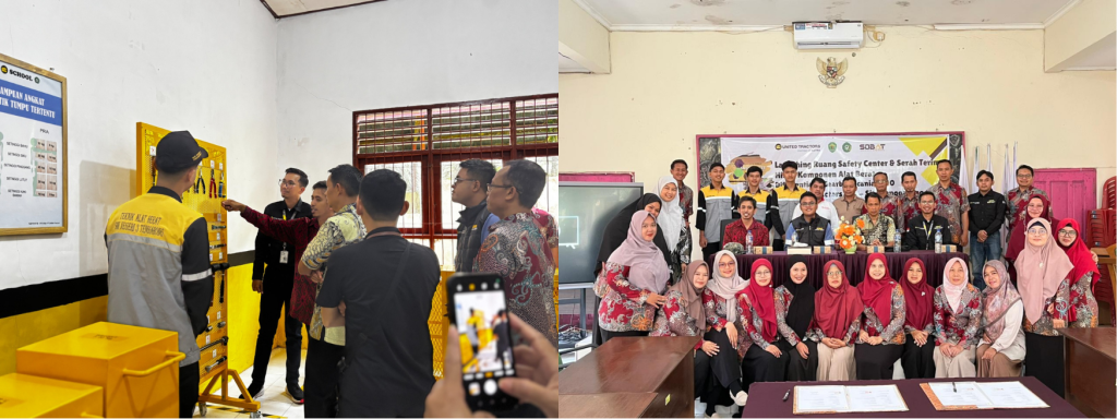 Perwakilan PT United Tractors Tbk (UT) Site Tenggarong meninjau fasilitas ruang safety center (foto kiri). Foto bersama perwakilan UT bersama dengan guru setelah acara simbolis bantuan penyerahan bantuan komponen alat berat (foto kanan).
