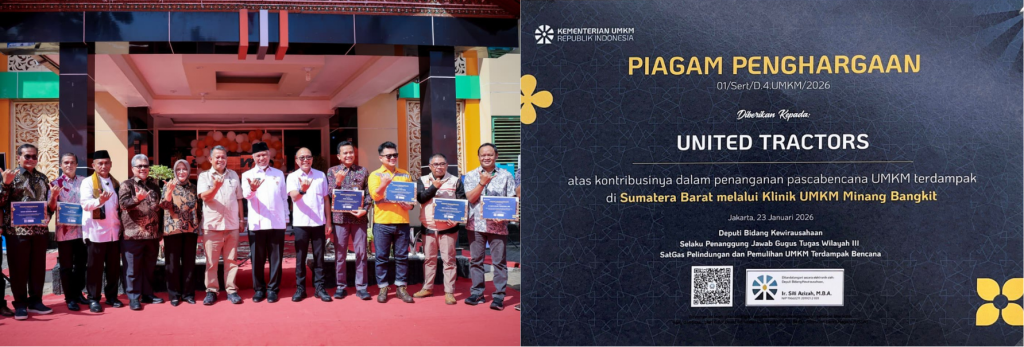 
Penyerahan penghargaan oleh Ketua DPRD Provinsi Sumatera Barat, Muhidi (foto kiri). Sertifikat penghargaan yang diberikan kepada United Tractors Cabang Padang oleh Kementerian Usaha Mikro, Kecil, dan Menengah (UMKM) Republik Indonesia di Provinsi Sumatera Barat (foto kanan).
