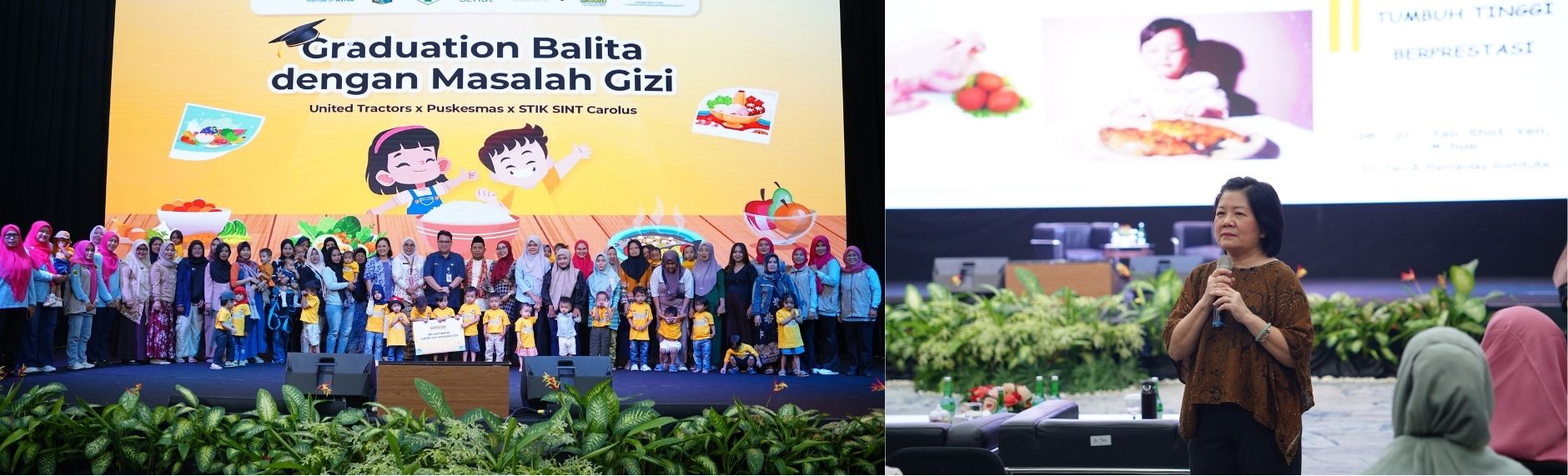 Prosesi Wisuda Balita Intervensi Gizi (foto kiri). Seminar Edukasi Gizi oleh dr. Tan Shot Yen (foto kanan).