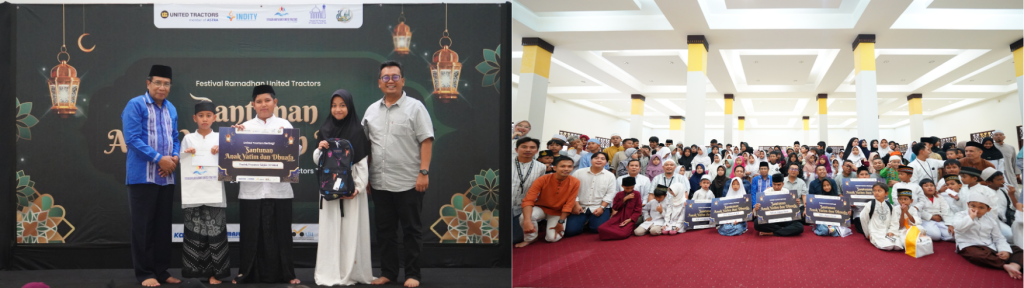 Penyerahan santunan anak yatim secara simbolis oleh Direktur UT, Ari Sutrisno (kiri) dan foto bersama 200 anak yatim dari wilayah sekitar perusahaan di Aula Masjid Al Furqon UT, Jakarta (kanan).