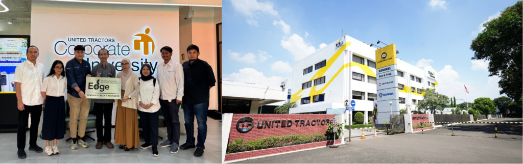 Penyerahan sertifikat EDGE Advanced kepada tim United Tractors (foto kiri). Gedung United Tractors Corporate University di Cakung, Jakarta Timur, yang telah tersertifikasi EDGE Advanced (foto kanan).
