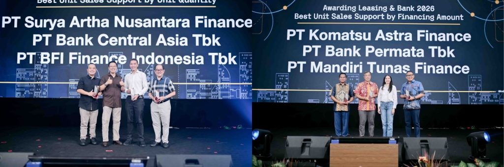 Penyerahan penghargaan kepada mitra pembiayaan dalam ajang Leasing & Bank Awarding 2026 sebagai bentuk apresiasi UT atas kontribusi dan dukungan dalam mendorong pertumbuhan bisnis.