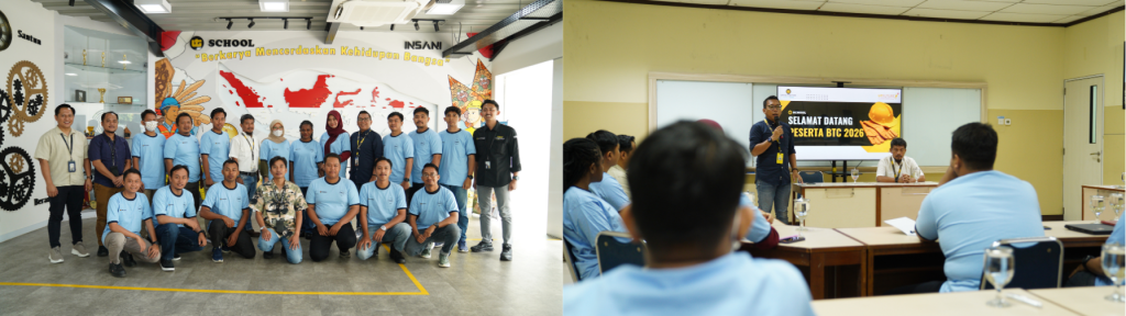 Foto bersama peserta Program Basic Technical Course (BTC) 2026 (foto kiri). Sambutan Corporate Social Responsibility Manager UT, Himawan Sutanto saat pembukaan program pelatihan dan sertifikasi Basic Technical Course (BTC) 2026 (foto kanan).