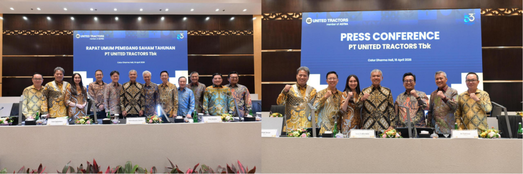 Pelaksanaan Rapat Umum Pemegang Saham Tahunan (RUPST) PT United Tractors Tbk Tahun 2026 (foto kiri). Pelaksanaan Press Conference PT United Tractors Tbk Tahun 2026 (foto kanan).