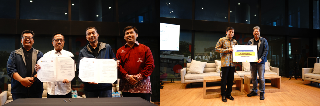 Direktur Human Capital, Communications & Sustainability UT, Ari Sutrisno, bersama Head of Corporate Communications & Sustainability Division UT, Dianwahyu Sri Purnomo, mewakili PT United Tractors Tbk (UT) dalam penandatanganan naskah kerja sama dengan Universitas Gadjah Mada (UGM) guna memperkuat kolaborasi antara industri dan akademisi (foto kiri). Penyerahan tempat co-working space secara simbolis oleh Direktur UT, Idot Supriadi (foto kanan).