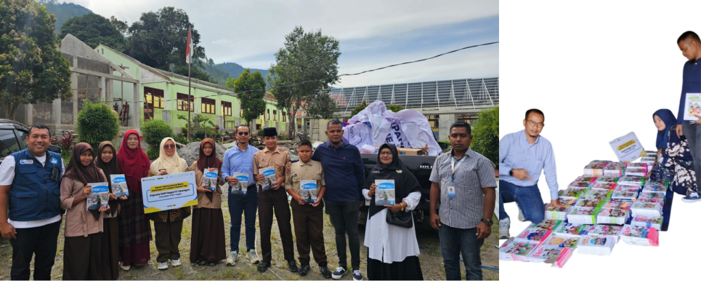 Penyerahan simbolis donasi buku pelajaran dari karyawan Grup United Tractors kepada SDN 3 Linge, Aceh Tengah (foto kiri). Buku pelajaran yang didonasikan untuk mendukung pemulihan pendidikan pascabencana bagi para siswa di Aceh Tengah (foto kanan).
