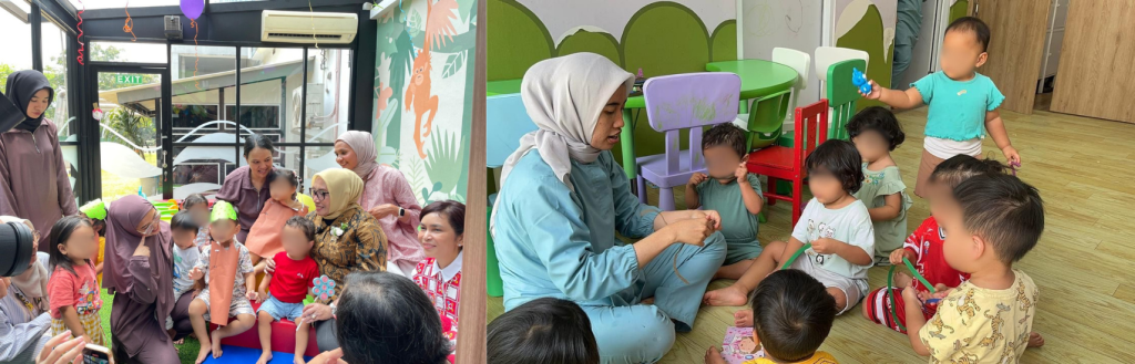 Menteri Pemberdayaan Perempuan dan Perlindungan Anak (PPPA), Arifah Fauzi, berinteraksi bersama anak-anak saat meninjau layanan dan fasilitas di UT D'Care (foto kiri). Suasana belajar interaktif di UT D'Care (foto kanan).
