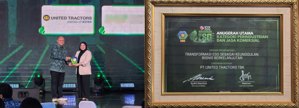 Penyerahan penghargaan IDX Channel Anugerah ESG 2026 yang diterima oleh Corporate Sustainability Department Head, Tri Puji Astuti, di Main Hall Bursa Efek Indonesia (BEI), Jakarta (foto kiri). Sertifikat penghargaan IDX Channel Anugerah ESG 2026 (foto kanan).