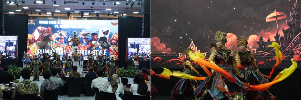 Penampilan drumband military band Gema Dinamika SMK Dinamika Pembangunan 2, Jakarta Timur (foto kiri) dan penampilan sanggar tari club hobby PT Pamapersada Nusantara pada puncak acara grand final & closing UNTUK Indonesia (foto kiri).