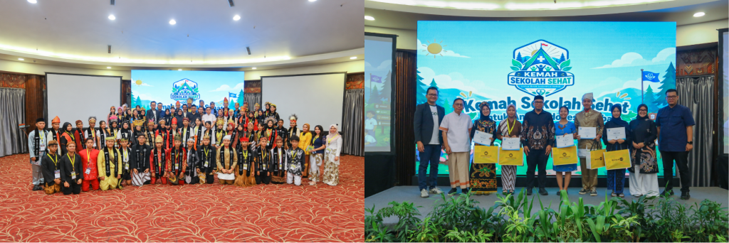 Foto bersama para siswa/i yang mengikuti Kemah Sekolah Sehat (foto kiri). Penyerahan apresiasi berupa laptop dari PT United Tractors Tbk (UT) kepada lima peserta terbaik (foto kanan).