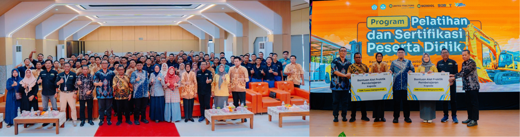 Foto bersama saat pembukaan program pelatihan dan sertifikasi peserta didik SMK Tunas Harapan Pati dan SMK Kesuma Margoyoso (foto kiri). Simbolis penyerahan bantuan alat praktik pembelajaran kepada SMK Tunas Harapan Pati dan SMK Kesuma Margoyoso (foto kanan).